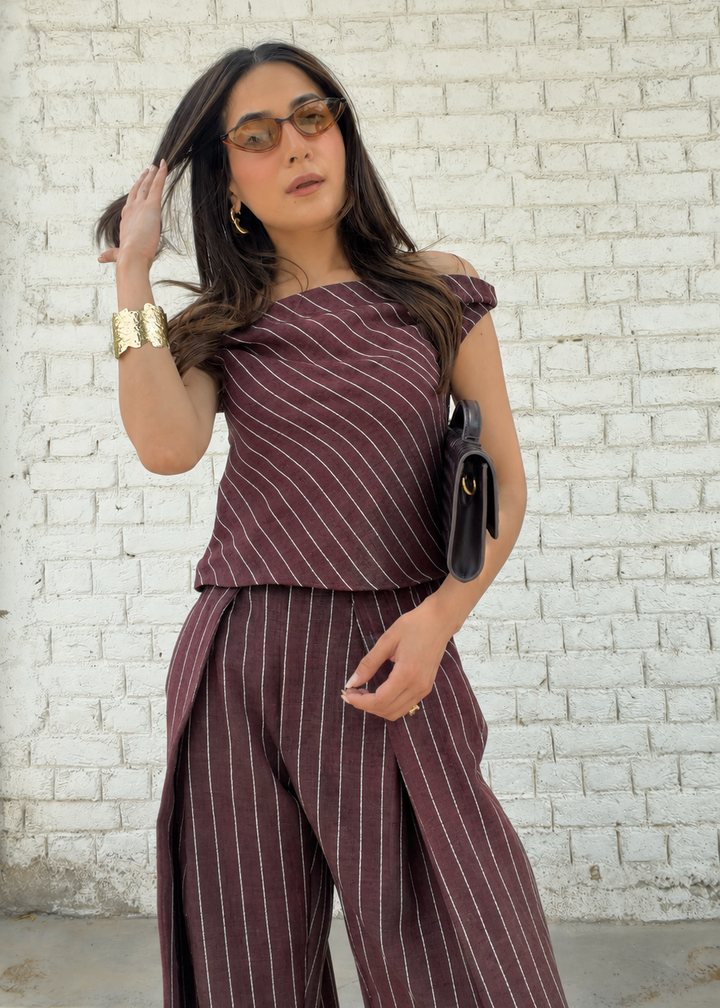 Itika Arora in Mocha Pinstripe co-ord set (brown)