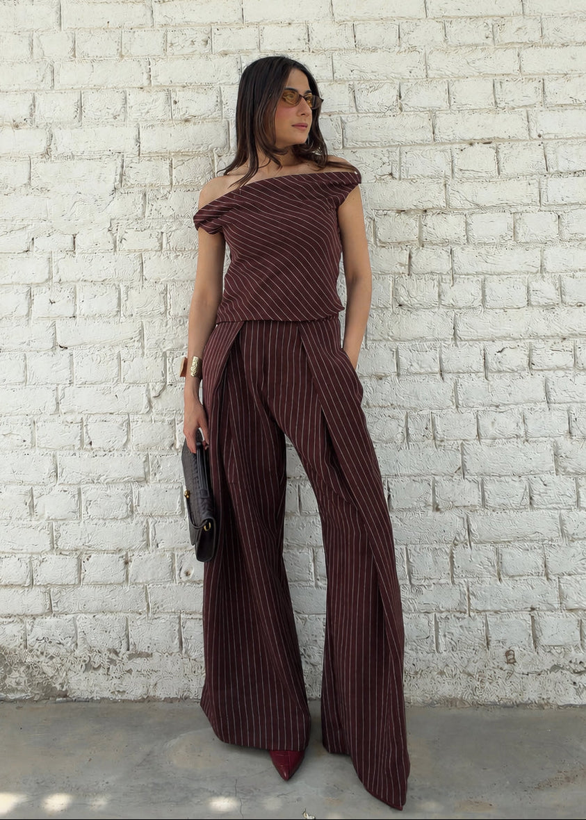 Itika Arora in Mocha Pinstripe co-ord set (brown)
