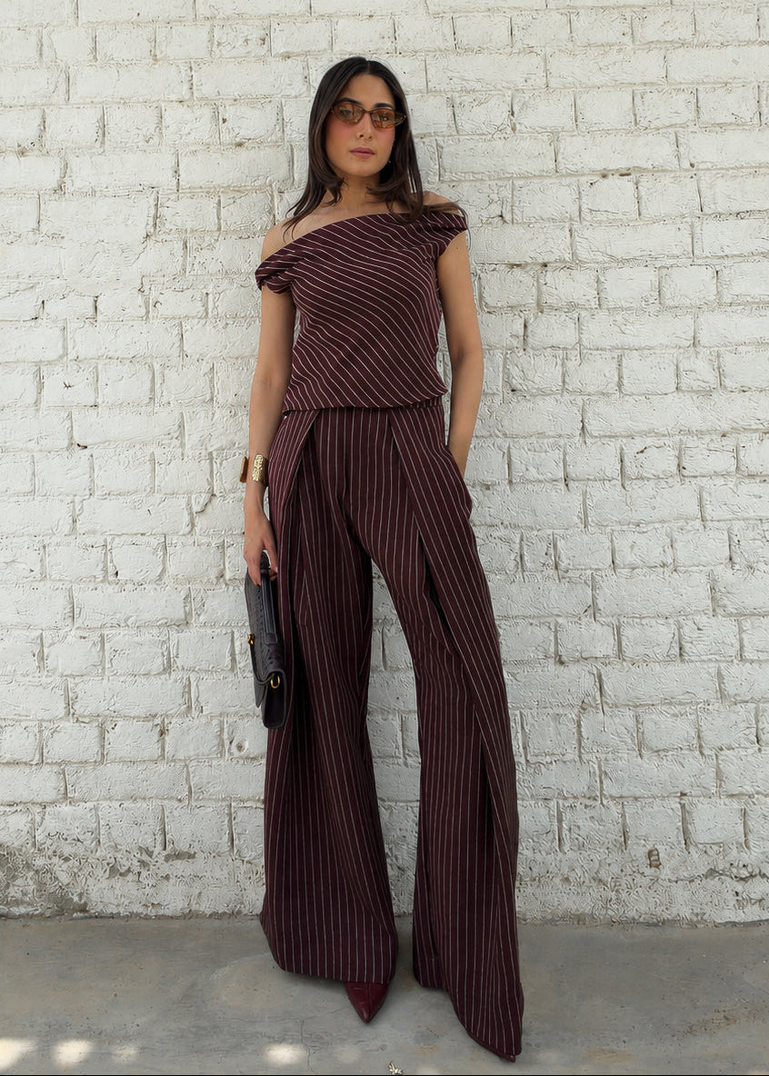 Itika Arora in Mocha Pinstripe co-ord set (brown)