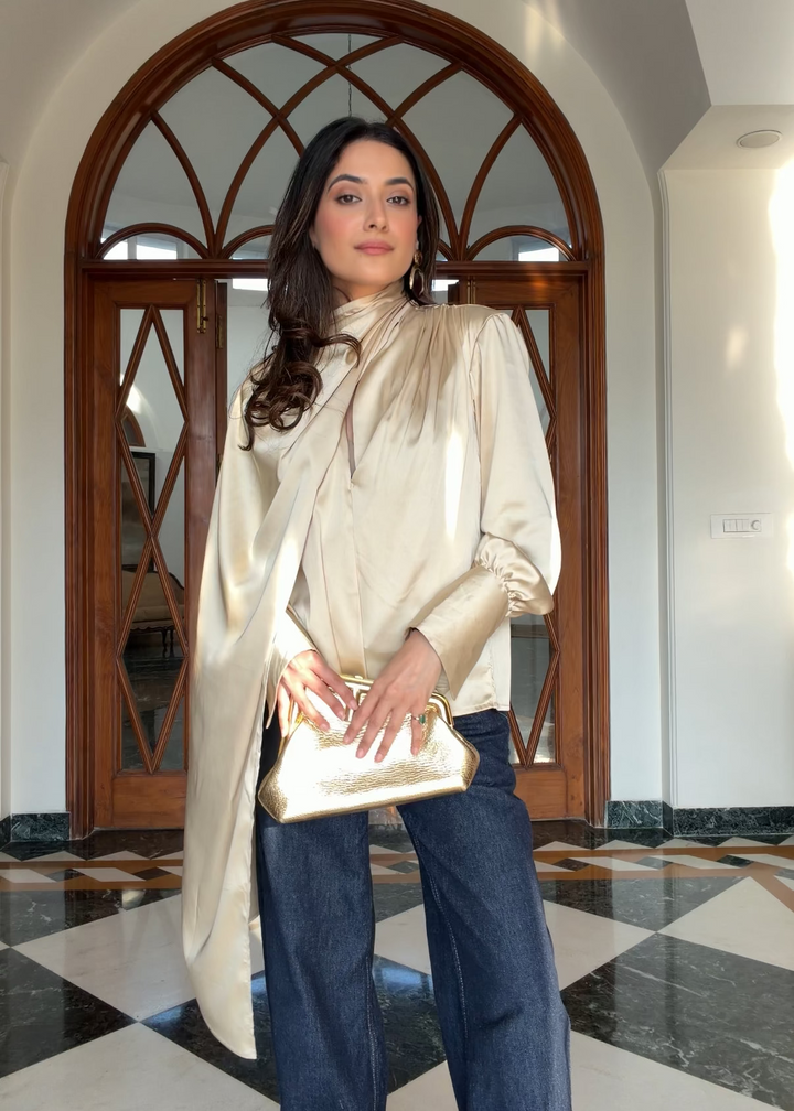 Itika Arora in Kira satin top (gold)