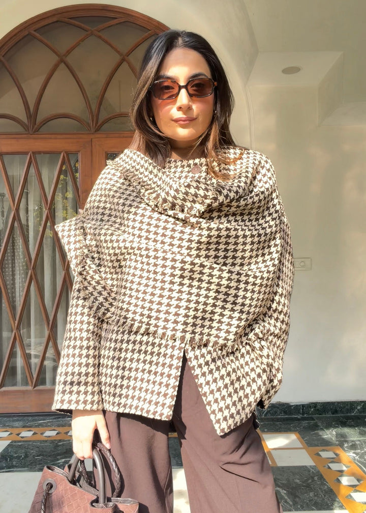 Itika Arora in Halo houndstooth shawl-jacket