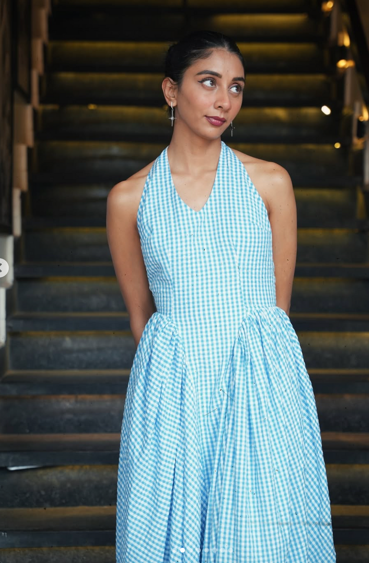 Dolly Singh in Polly dress (blue check)