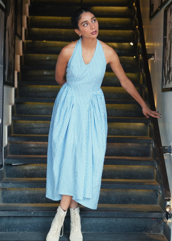 Dolly Singh in Polly dress (blue check)