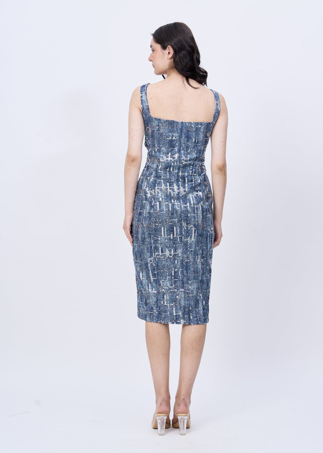 denim dress with sequins Incredible Rhinestone Studded Denim Bustier Dress With Asymmetrical Neckline