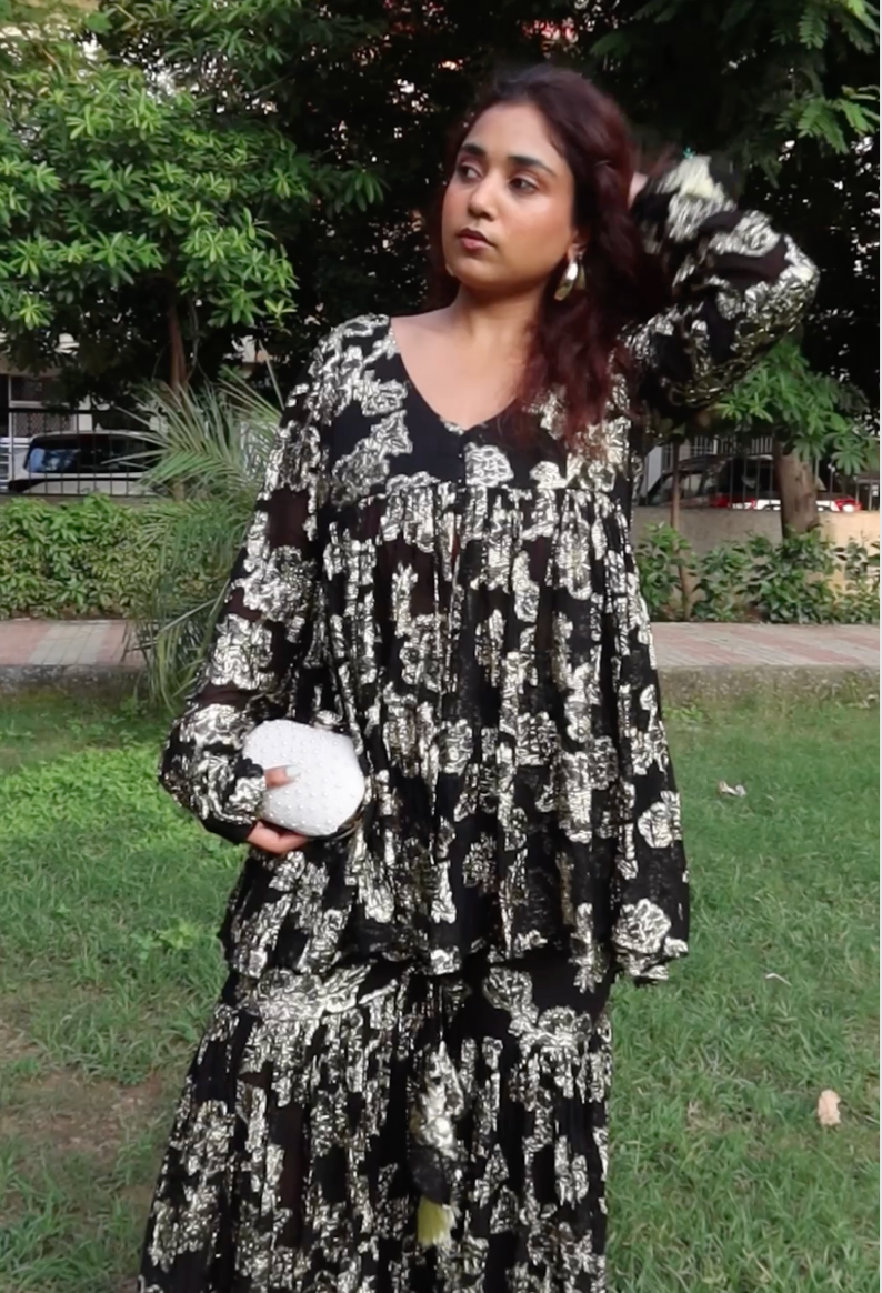 Vaishnavi Modi in Black and gold sharara set