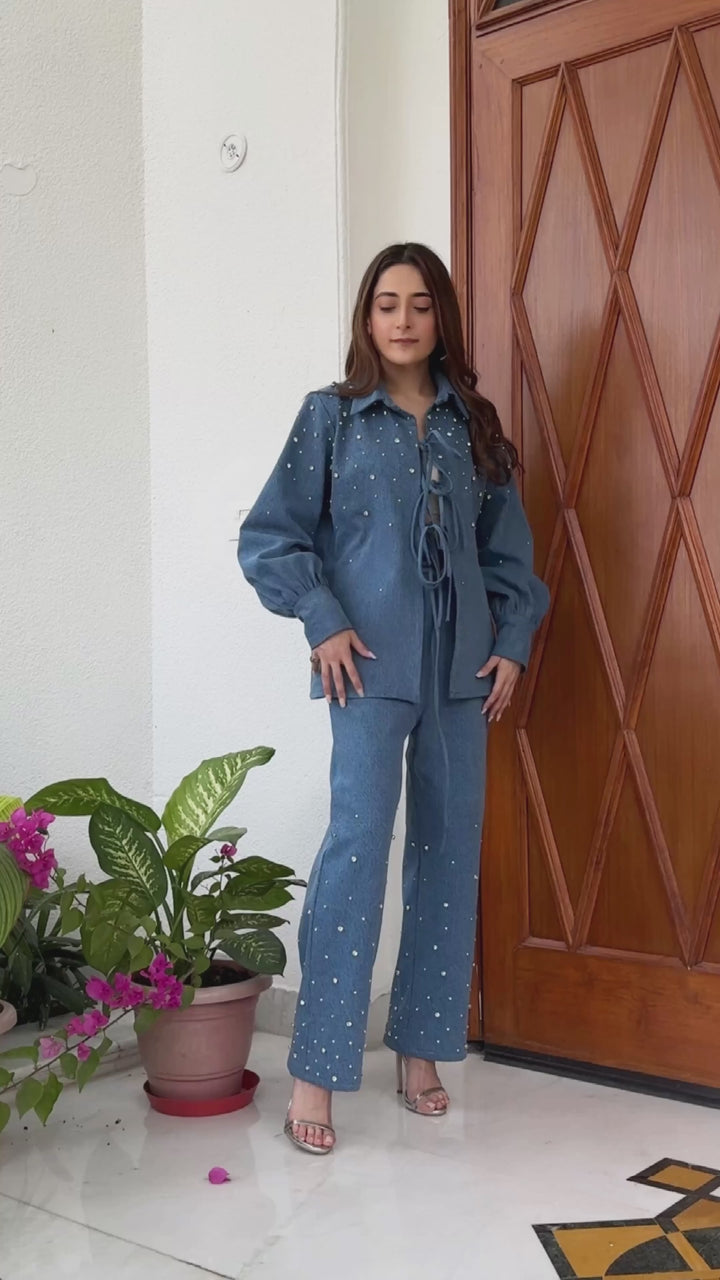 Itika Arora in Blue Denim Tie Up Co-ord with Swarovski